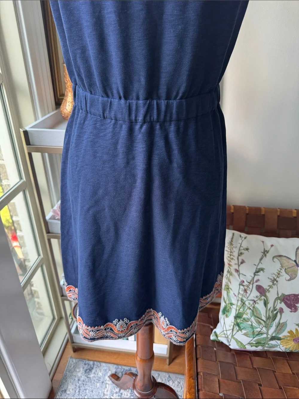 Tory Burch Navy Embroidered Off-Shoulder Dress with Coral and White Accents